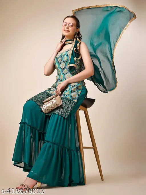Teal sequined kurta with sharara dupatta, ethnic motifs print design