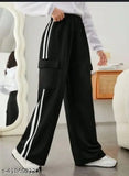 Stylish black pants with white stripes for women, featuring adjustable waistband and multiple pockets