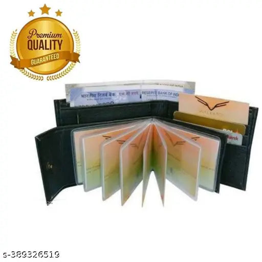 Black PU album leather men's wallet with 5 compartments, solid pattern, free size (9cm x 12cm), made in India