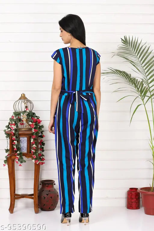 New stripe printed jumpsuit by 9ZEUS, short-sleeved crepe fabric, women's fashion, Indian origin