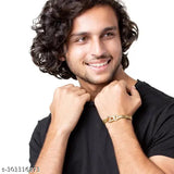 Gold-plated Rudraksha Damru Trishul Shiva bracelet, traditional Indian religious jewelry with healing powers on brown leather strap