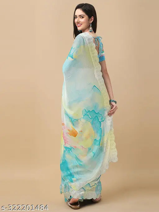 Sky Blue Multi Shibori Tie-Dye Printed Chiffon Saree with Diamond Work Scalloping & Separate Satin Silk Blouse - Party Festive Sale New Arrival for Women's Fashion, suitable for any occasion