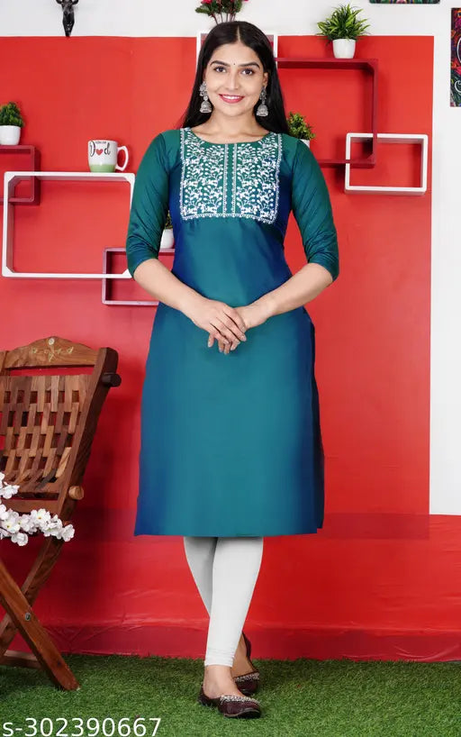 Art Silk Embroidered Kurta, three-quarter sleeves, Indian women's fashion