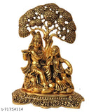 Gold brass Radha Krishna idol playing flute under Kadam tree (12x8x17cm), traditional Indian decorative showpiece for worship