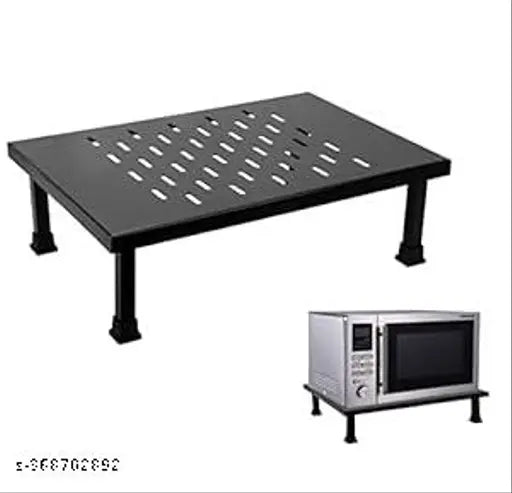 A black metal microwave oven stand in a kitchen