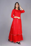 Red kurta set with mirror embroidery, long sleeves, straight cut