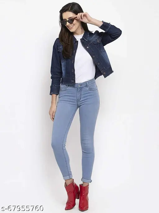 Dark blue denim ruffle women's jacket with long sleeves, classic style, chest pockets, and shank buttons - versatile addition to any outfit