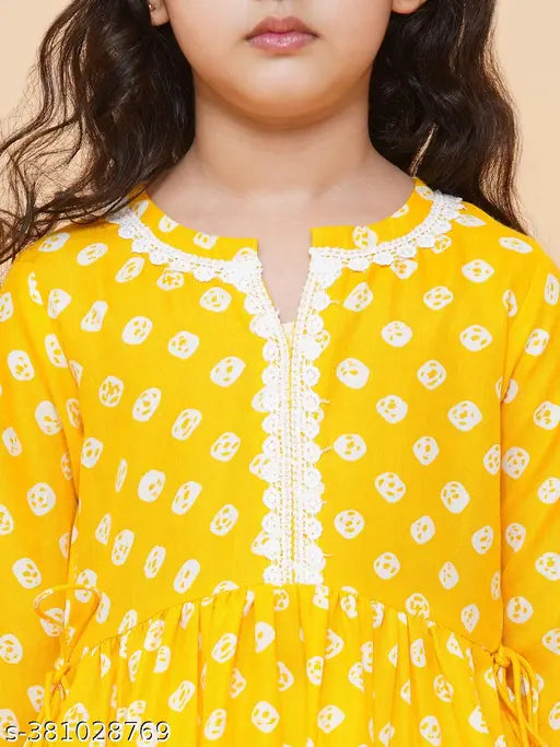 Printed yellow rayon A-line Sharara haldi dress with lace work, size 4-5 years
