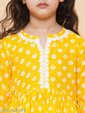 Printed yellow rayon A-line Sharara haldi dress with lace work, size 4-5 years