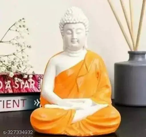 Orange resin Buddha statue - Lord Gautam meditation figurine, 7cm tall by 13cm wide, made in India