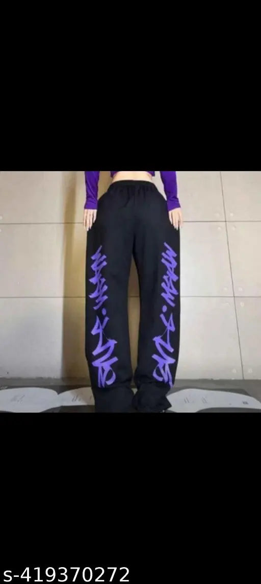 Black joggers with purple and yellow print on women's casual wear