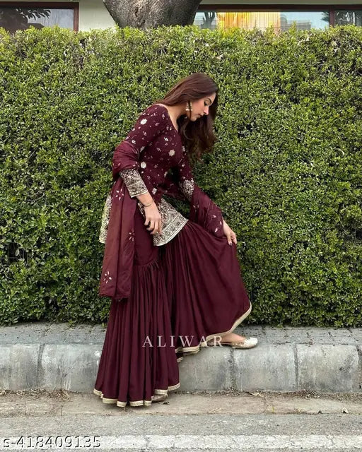 Maroon, faux georgette, heavily embroidered, fully stitched, long sleeves, traditional, party wear