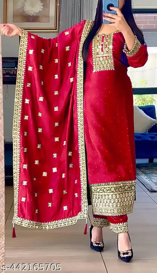 Chinon silk saree with heavy embroidery, full-length dori-sequence work, top-bottom and dupatta set, fully stitched and ready to wear