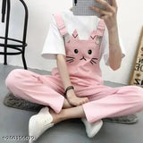 Pink cotton blend cat print jumpsuit with short sleeves, India origin
