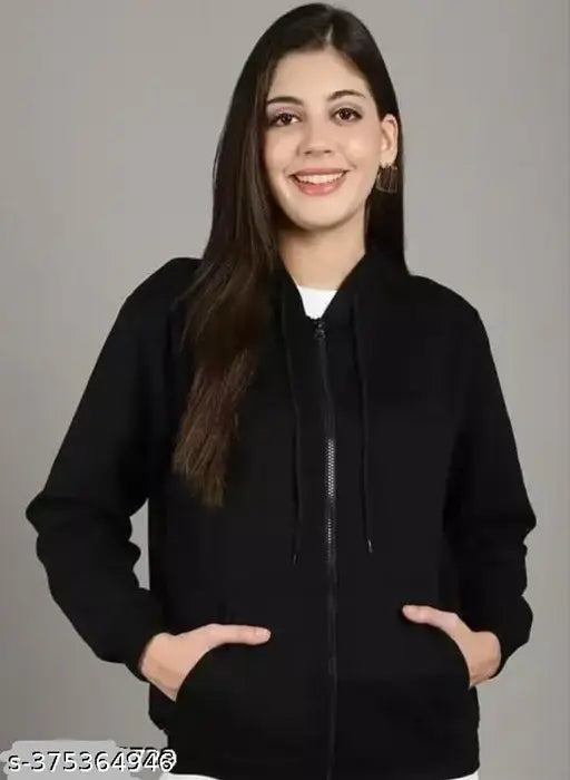 Black fleece long sleeve zip hoodie for women, stylish and trendy, solid pattern