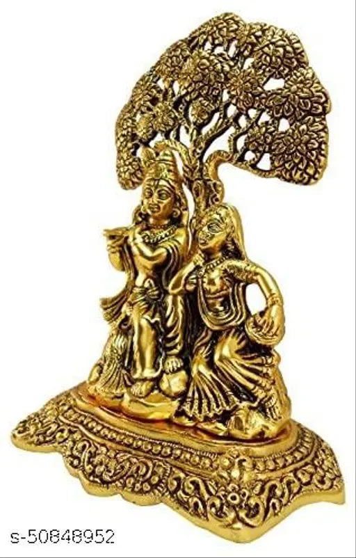 Gold oxide metal Krishna idol with flute under tree sitting showpiece, 14x7.5x19 cm