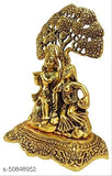 Gold oxide metal Krishna idol with flute under tree sitting showpiece, 14x7.5x19 cm