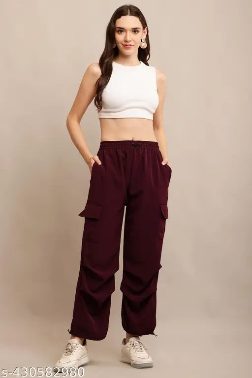 Womens purple cargo pants, elastic waistband