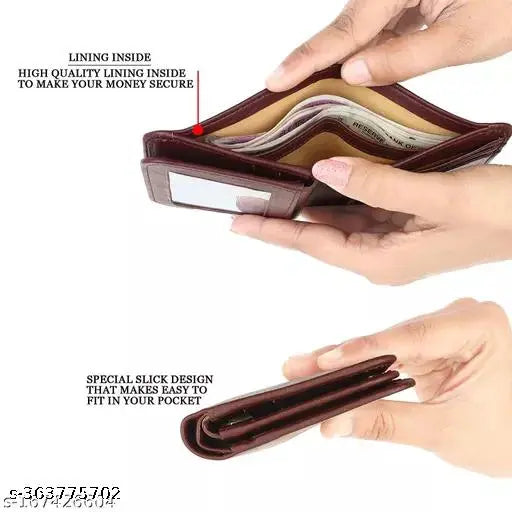 Brown faux leather bifold compact wallet for men with ID window, coin pocket, and multi-card slots - perfect minimalist design