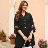 Black Moti rayon kurta with palazzos, solid net design, three-quarter sleeves