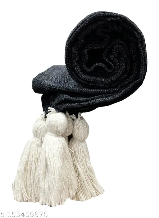 DGrey & White Chenille Sofa Throw Blanket Cover, high-quality tassel design, size 140 x 170 cm for home decor