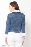 Denim colorblocked FUR JKT, long sleeve jacket with net pattern, size S (bust 34in, length 21in)