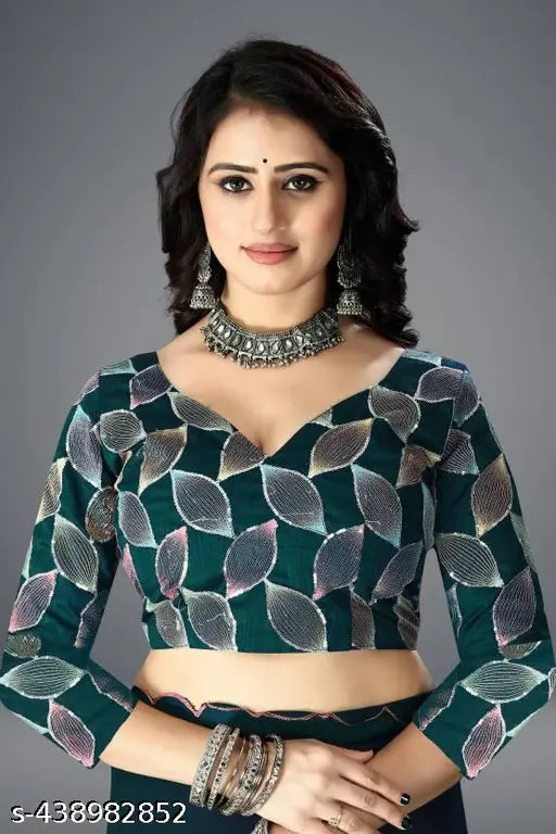 Blue georgette saree with stylish cut border, embroidered blouse