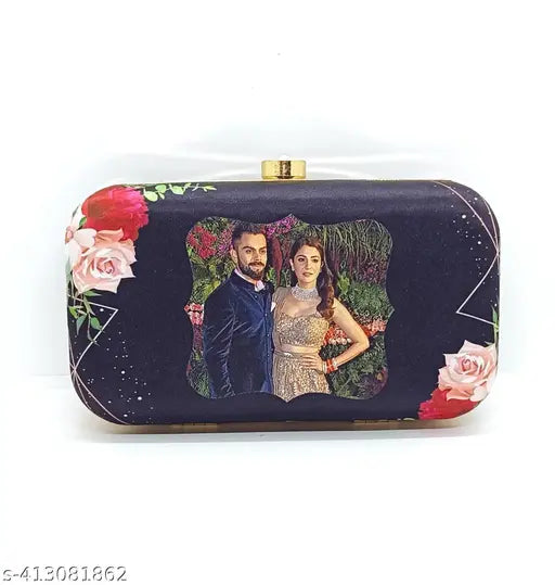 Customised photo clutch handbag with a couple, rose detailing, personalised design