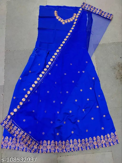 GOPI Blue satin lehenga set with net dupatta, embellished for kids fashion, India origin