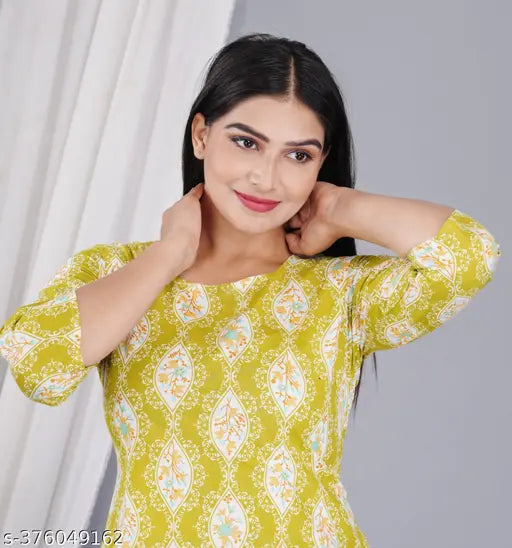 Women's yellow cotton printed night suit top and pyjama coord sets, comfortable sleepwear sets in three-quarter sleeves for matching pajamas, India-made loungewear collection