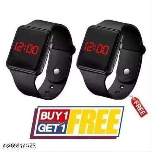 Digital smart watch, black, white face, LED band