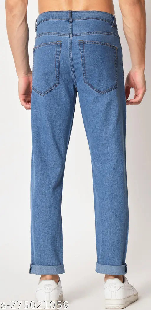 Blue light cotton denim jeans for men, size 32, solid pattern