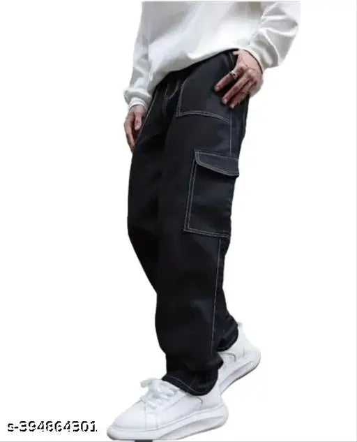 Oversized black cotton blend cargo pants with white contrast for men. Explorer size 26 (waist 26", length 36"). Indian-made