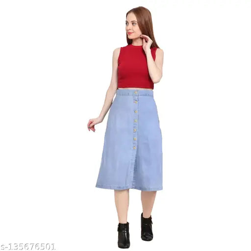 Denim midi skirt, button closure