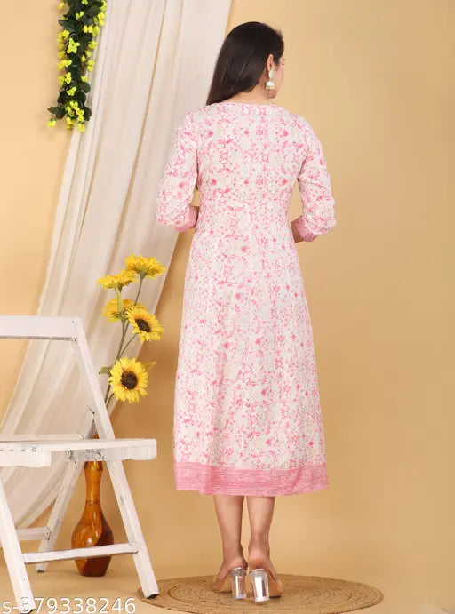 Black, cotton anarkali dress with pink chamki print and embroidery
