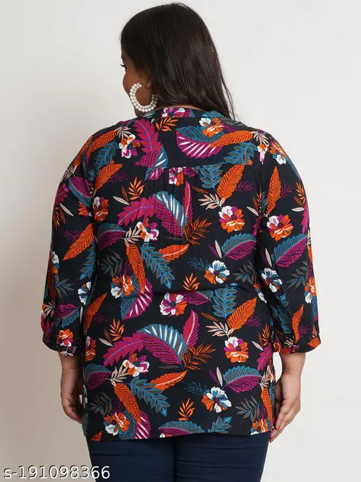 Black and purple leaf print viscose rayon longline top with mandarin collar, three-quarter sleeves, plus size, women's fashion from India