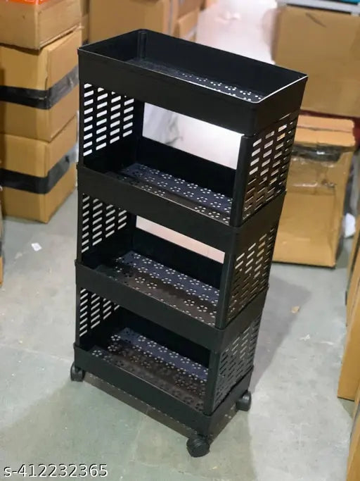 Black four-tier kitchen rack with multiple shelves, suitable for storage in a mart or grocery store