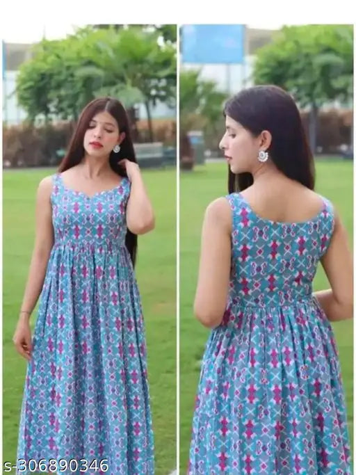 Blue rayon printed kurti, sleeveless, maxi dress for women's evening party or wedding, made in India