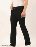 Black denim men's jeans with sleek fit, solid pattern, and five-pocket detailing. High-quality, comfortable, and stretchable fabric. Made in India