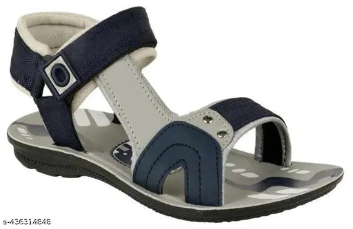 Grey blue synthetic leather boys' sandals with printed net design, ideal for ages 8-12. Fastened with velcro