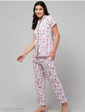 Stylish printed cotton night suit for women and girls, short-sleeved pyjama set with matching sizes S, M, L, XL. Indian made cotton nightwear for sleep or lounging