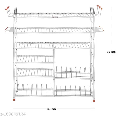 Stainless steel 6 shelf wall mount kitchen utensils rack with plate and cutlery stand, 36"L x 36"H inches
