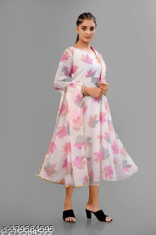Women's long-sleeve white dress with faux georgette print and dupatta in new limited collection by RIVA