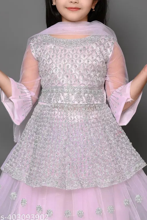 Pink net lehenga choli with dupatta, embellished and aari work, three-quarter sleeves on display stand, size: 1-2 years to 10-11 years (Indian traditional wear)