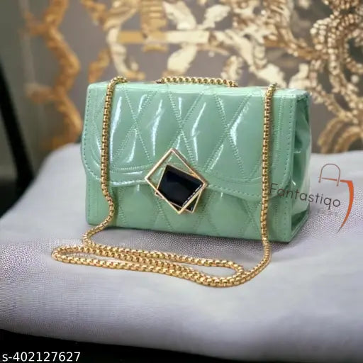 Blue satin sling bag with gold accents