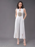 Stylish Lycra jumpsuit with sequence work, V-neck, sleeveless, Indian-made fashion garment with wide leg and side pockets