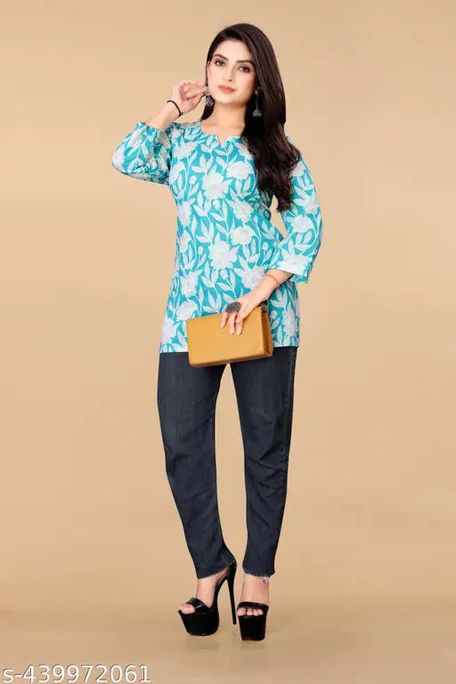 Flower printed cotton three-quarter sleeve women's tunic, self-design net top and tunic for casual or festive wear. Indian ethnic kurta with long sleeves available in sizes S to XXL