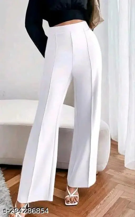 White high waisted flared pants, belted waist
