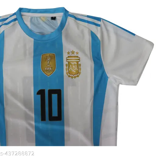 Polyester printed football jersey of Messi, Neymar, and Ronaldo (Argentina, Brazil, Portugal). Short sleeves, sizes S-XL on display