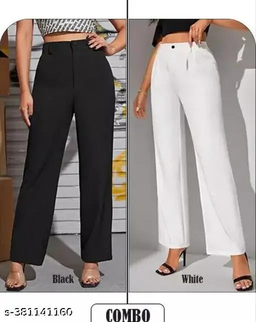 White straight-cut women's trousers fashionable 2-pack